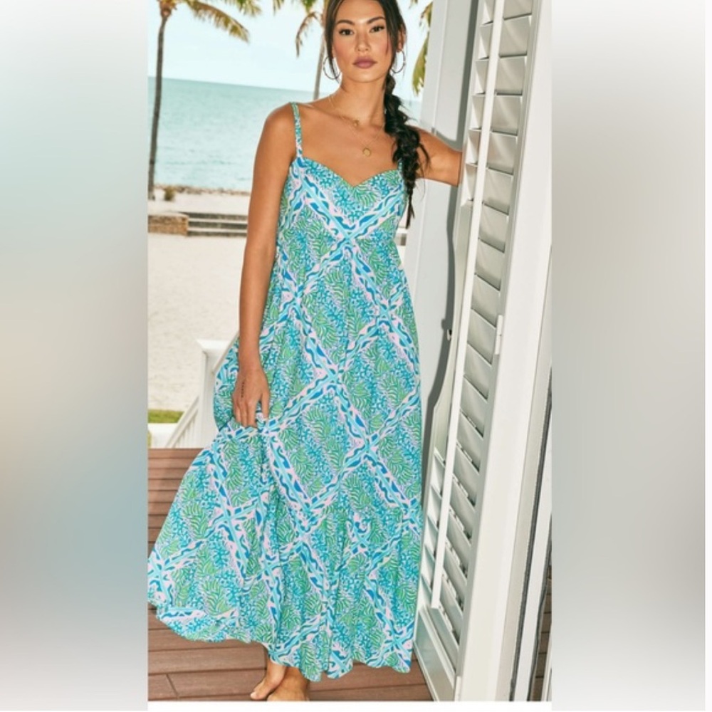 NWT HIEDI COTTON MAXI DRESS, PRISM BLUE GOOD GREEF ENGINEERED MAXI DRESS
